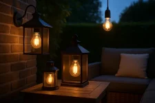 Warme sfeer buiten met de tijdloze gloed van gloeilampen in stijlvolle armaturen