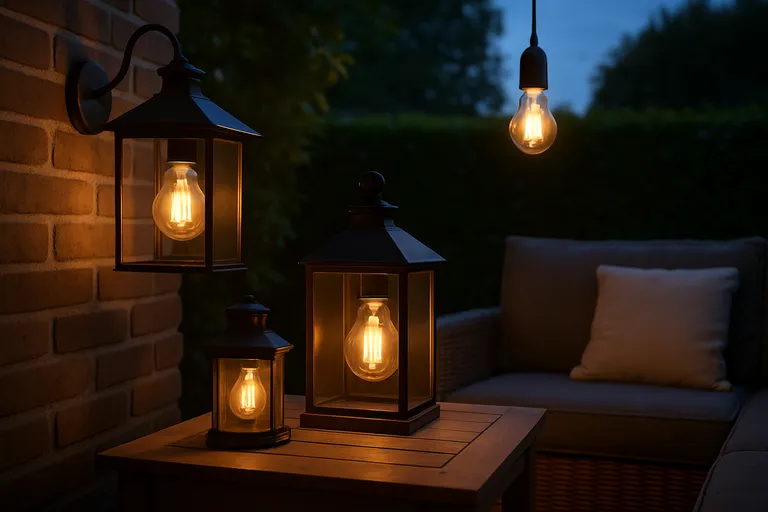 Warme sfeer buiten met de tijdloze gloed van gloeilampen in stijlvolle armaturen